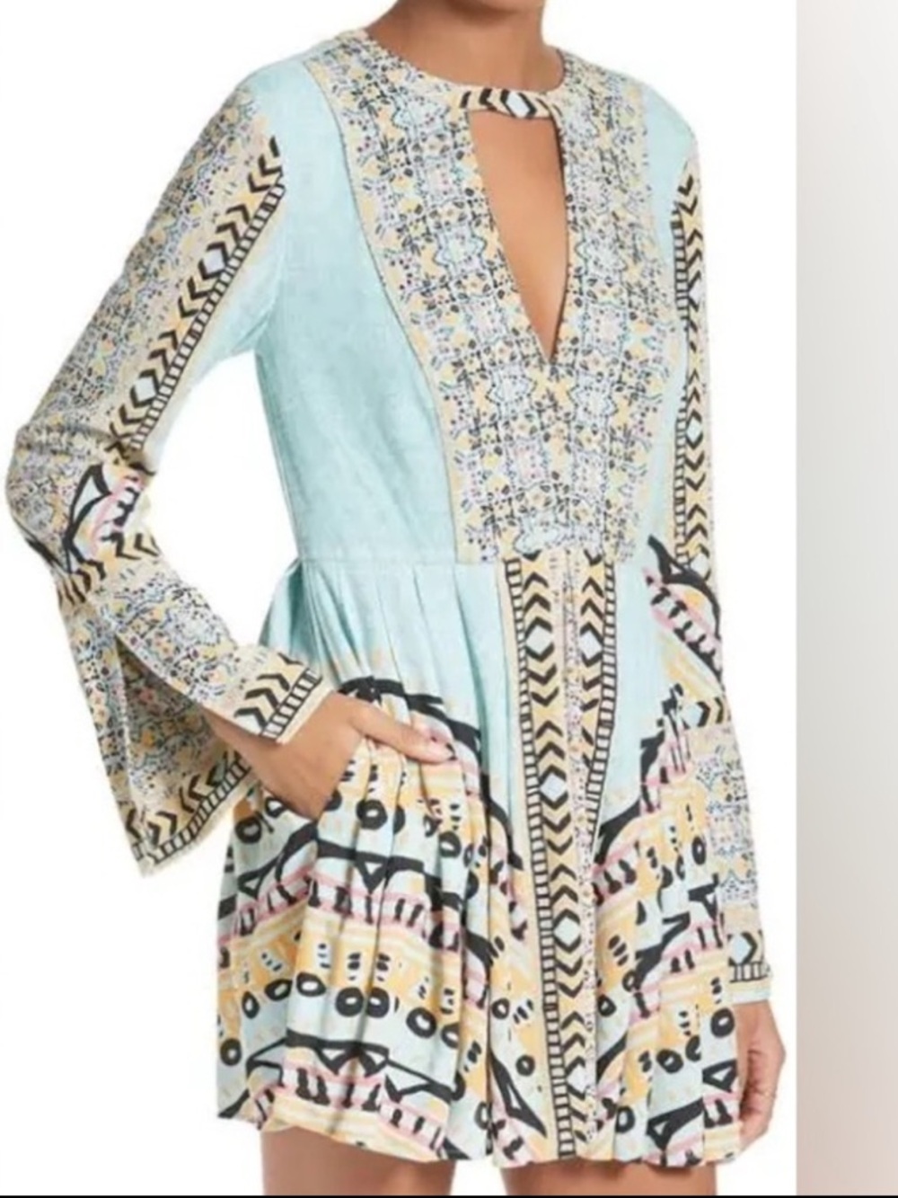 Free People Long Sleeve Patterned Dress - Blue and Cream